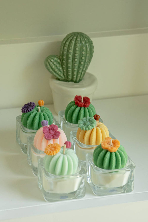 ZOETSTUDIO - Barrel Cactus Tealight Candles: Green w/ purple