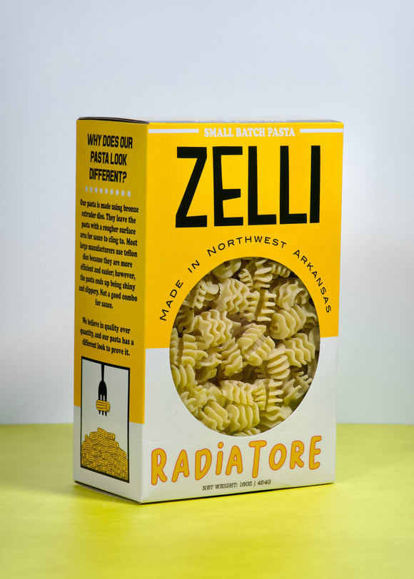 Zelli Radiatore pasta box on a light yellow background