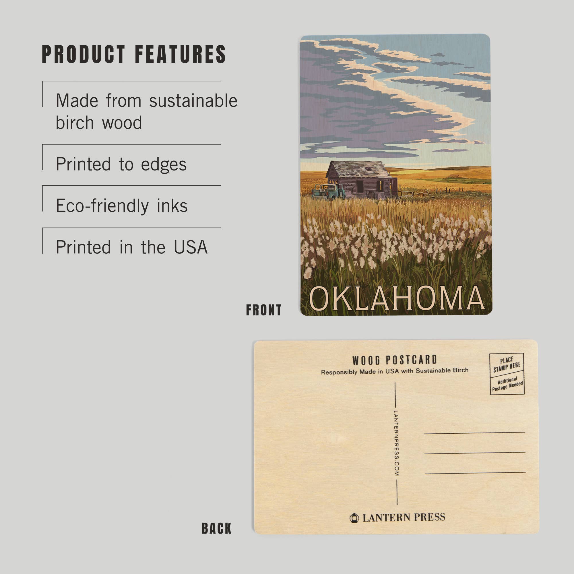 Lantern Press - WOOD POSTCARD Oklahoma, Wheat Field and Shack