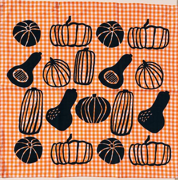 Julie Peach - Gourds on Orange Gingham Tea Towel