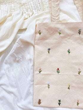 Light Beige Canvas Bag WIth Small Flowers Embroidery - 0