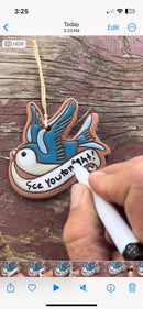 Little Clay Hen - Bluebird Ribbon Note Artisanally Crafted Ornament-3