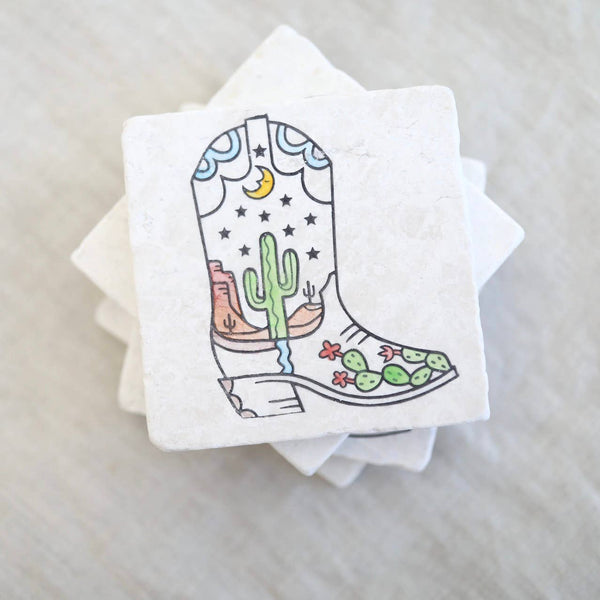 Lace, Grace & Peonies Marble Coasters - Saguaro Cactus Cowboy Boot Marble Coaster