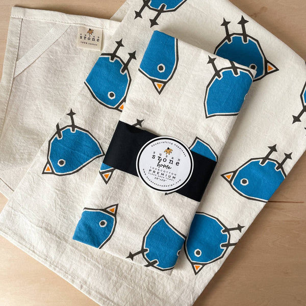 Susan Stone Design - Flour Sack Tea Towel with Birds: Blue