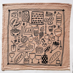 Julie Peach - Picnic on Taupe Tea Towel - 100% Cotton