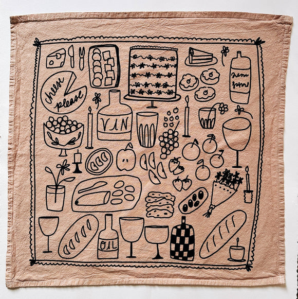 Julie Peach - Picnic on Taupe Tea Towel - 100% Cotton