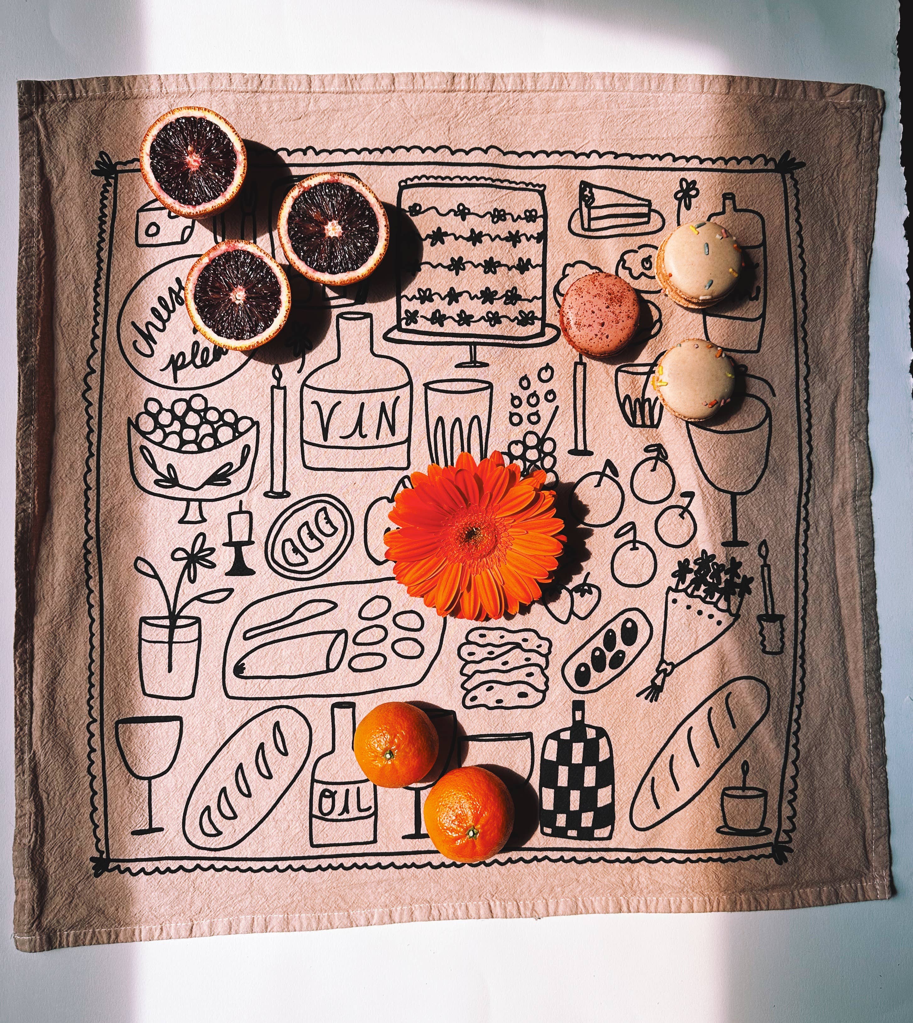 Julie Peach - Picnic on Taupe Tea Towel - 100% Cotton