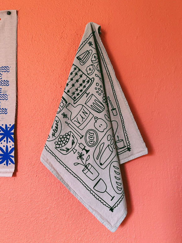 Julie Peach - Picnic on Taupe Tea Towel - 100% Cotton