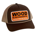 A brown and tan hat with a Wood is Wonderful Hochatown Oklahoma patch
