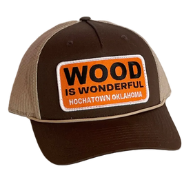A brown and tan hat with a Wood is Wonderful Hochatown Oklahoma patch