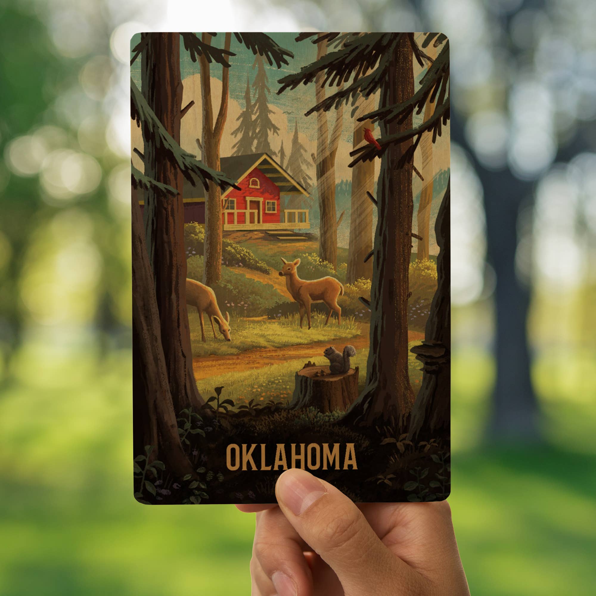 Lantern Press - WOOD POSTCARD Oklahoma, Slip Away, Cabin With Wildlife