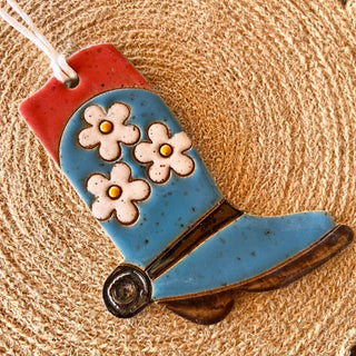 Tough Kitty Designs - Ceramic Western Boot Ornaments: Blue Blossoms