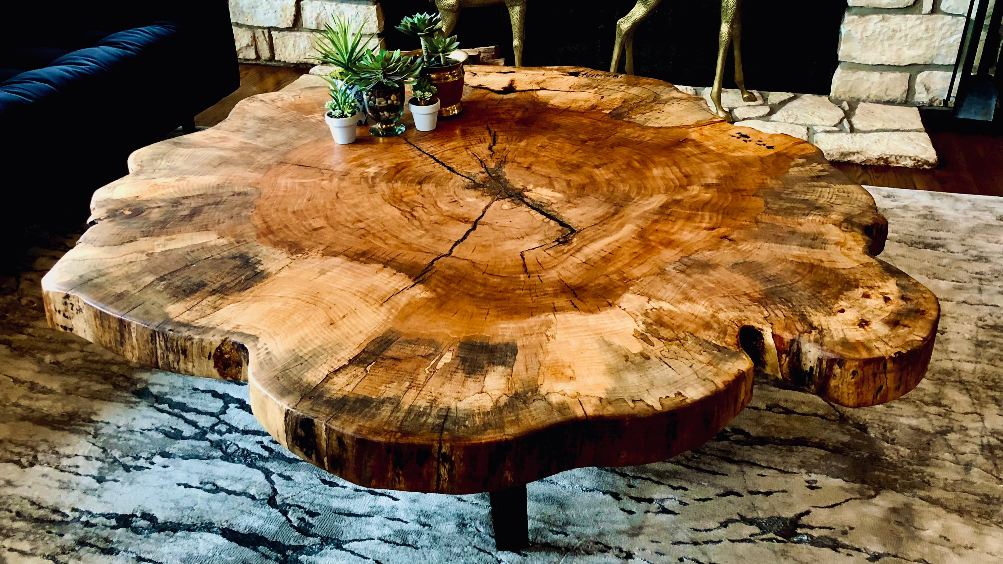 A cut across the tree producing a round live edge end grain piece off wood. 