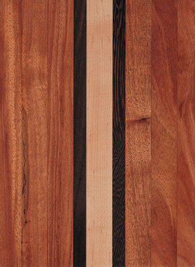 A wooden cutting board with a pattern of natural wood stripes.