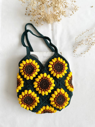 Hand-Crochet Sunflower Mini Dark Blue Tote Bag