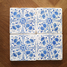 Lace, Grace & Peonies Marble Coasters - Blue Delft Tile Hand Painted Marble Coasters - 0