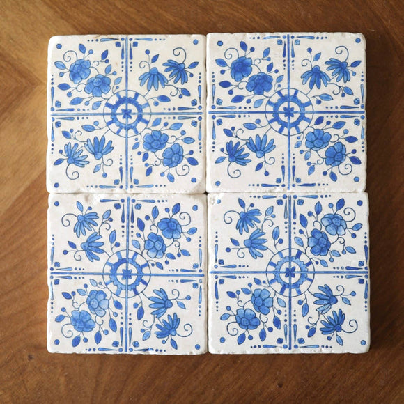 Lace, Grace & Peonies Marble Coasters - Blue Delft Tile Hand Painted Marble Coasters