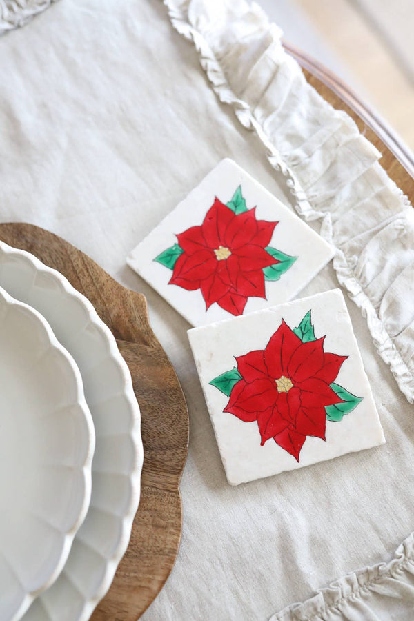 Lace, Grace & Peonies Marble Coasters - Hand Painted Poinsettia Marble Coasters