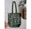 Small Daisies Embroidery Linen Tote Bag: Olive green-3
