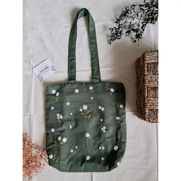 Small Daisies Embroidery Linen Tote Bag