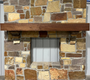 A beam style fireplace mantel, made from walnut wood, displayed on a rack.