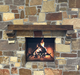 A beam style fireplace mantel, made from walnut wood, displayed on a rack.