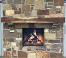 A beam style fireplace mantel, made from walnut wood, displayed on a rack.