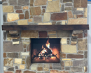 A beam style fireplace mantel, made from walnut wood, displayed on a rack.