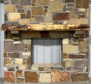 A live edge style fireplace mantel, made from bois d'arc wood, mounted on a stone wall.