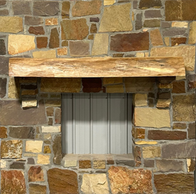 A live edge style fireplace mantel, made from pecan wood, mounted on a stone wall.
