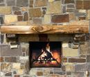 A live edge style fireplace mantel, made from pine wood, mounted on a stone wall.
