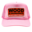 A light pink trucker hat with a Wood is Wonderful Phillips Forest Products patch