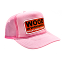 A light pink trucker hat with a Wood is Wonderful Phillips Forest Products patch