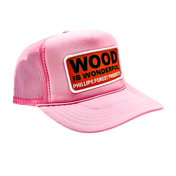 A light pink trucker hat with a Wood is Wonderful Phillips Forest Products patch