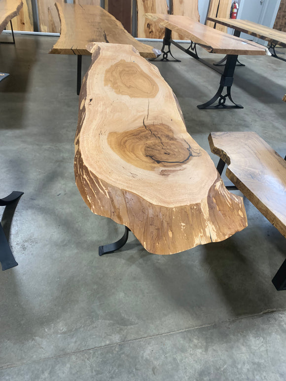 Live edge pecan slab with rich golden-brown tones, natural grain patterns, and organic edges