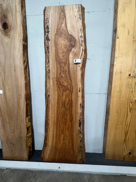 Live edge pecan slab with rich golden-brown tones, natural grain patterns, and organic edges