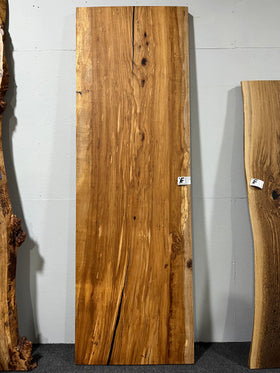 Live edge pecan slab with rich golden-brown tones, natural grain patterns, and organic edges