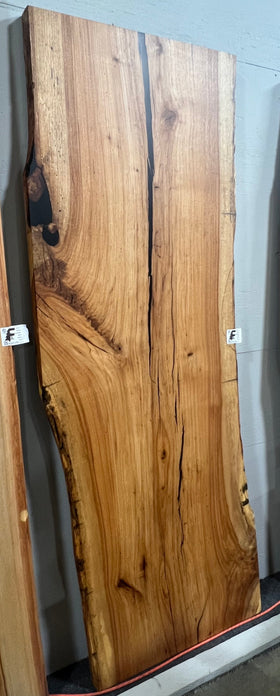 Live edge pecan slab with rich golden-brown tones, natural grain patterns, and organic edges
