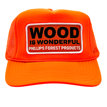 A neon orange trucker hat with a Wood is Wonderful Phillips Forest Products patch