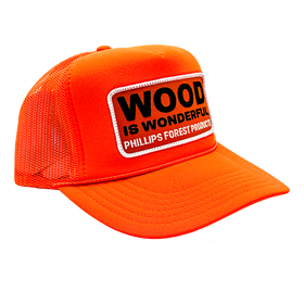 A neon orange trucker hat with a Wood is Wonderful Phillips Forest Products patch