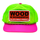 Neon green and pink cap with 'Wood is Wonderful' Phillips Forest Products patch