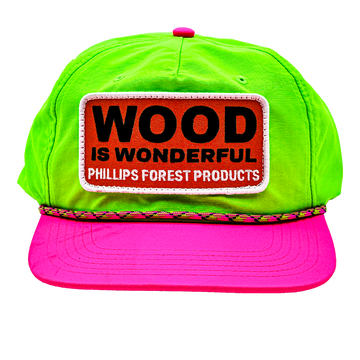 Neon green and pink cap with 'Wood is Wonderful' Phillips Forest Products patch