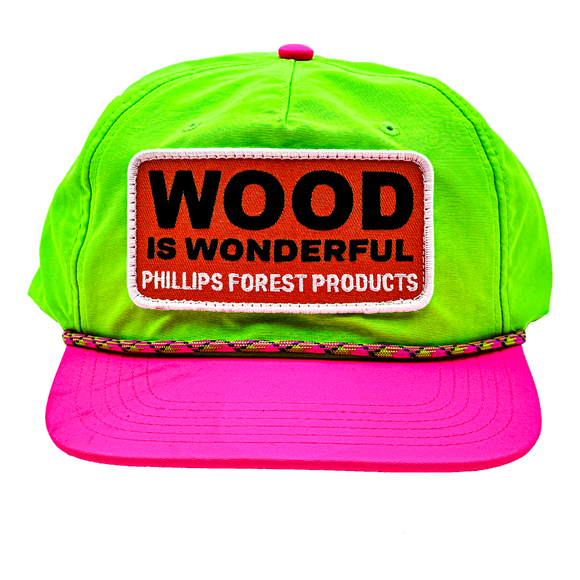 Neon green and pink cap with 'Wood is Wonderful' Phillips Forest Products patch