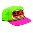 Neon green and pink cap with 'Wood is Wonderful' Phillips Forest Products patch