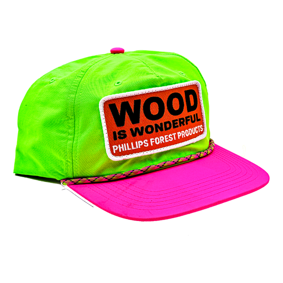 Neon green and pink cap with 'Wood is Wonderful' Phillips Forest Products patch