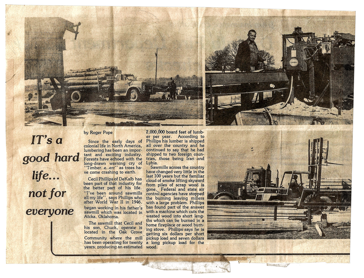This article from a local paper 1977 claims the Phillips Sawmill produces 2,000,000 BDFT of lumber per year and boast international shipping to two foreign countries: Iran and Lybia. What no one saw coming is the political and cultural climate in Iran would very soon slow the Phillips Sawmill to a grinding halt. 