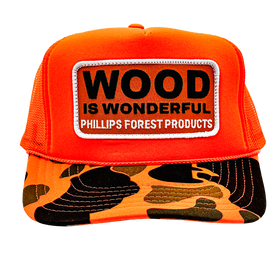 An orange camo trucker hat with a Wood is Wonderful Phillips Forest Products patch
