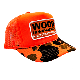 An orange camo trucker hat with a Wood is Wonderful Phillips Forest Products patch