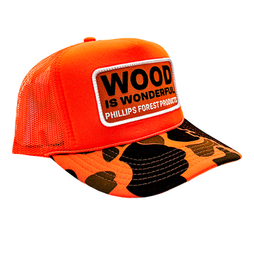 An orange camo trucker hat with a Wood is Wonderful Phillips Forest Products patch