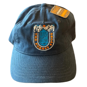 a blue The Forest Store hat with 
mountain waterfall design